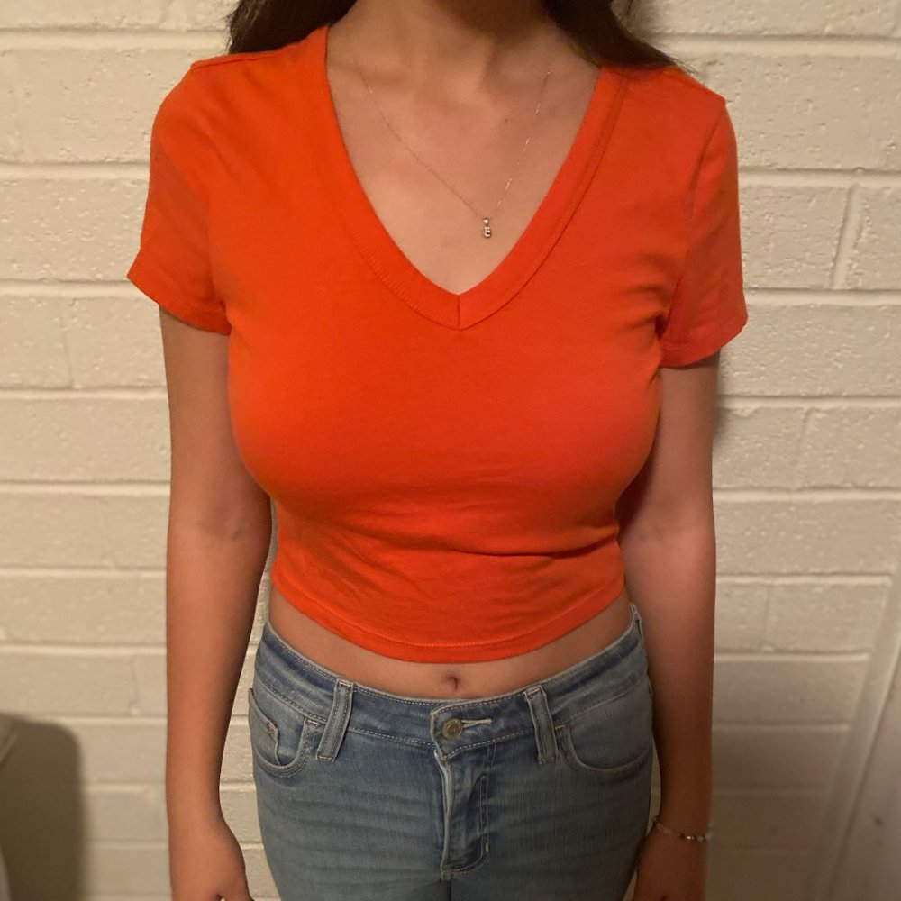 Wild Fable Women's Orange Short Sleeve V-Neck Crop Top